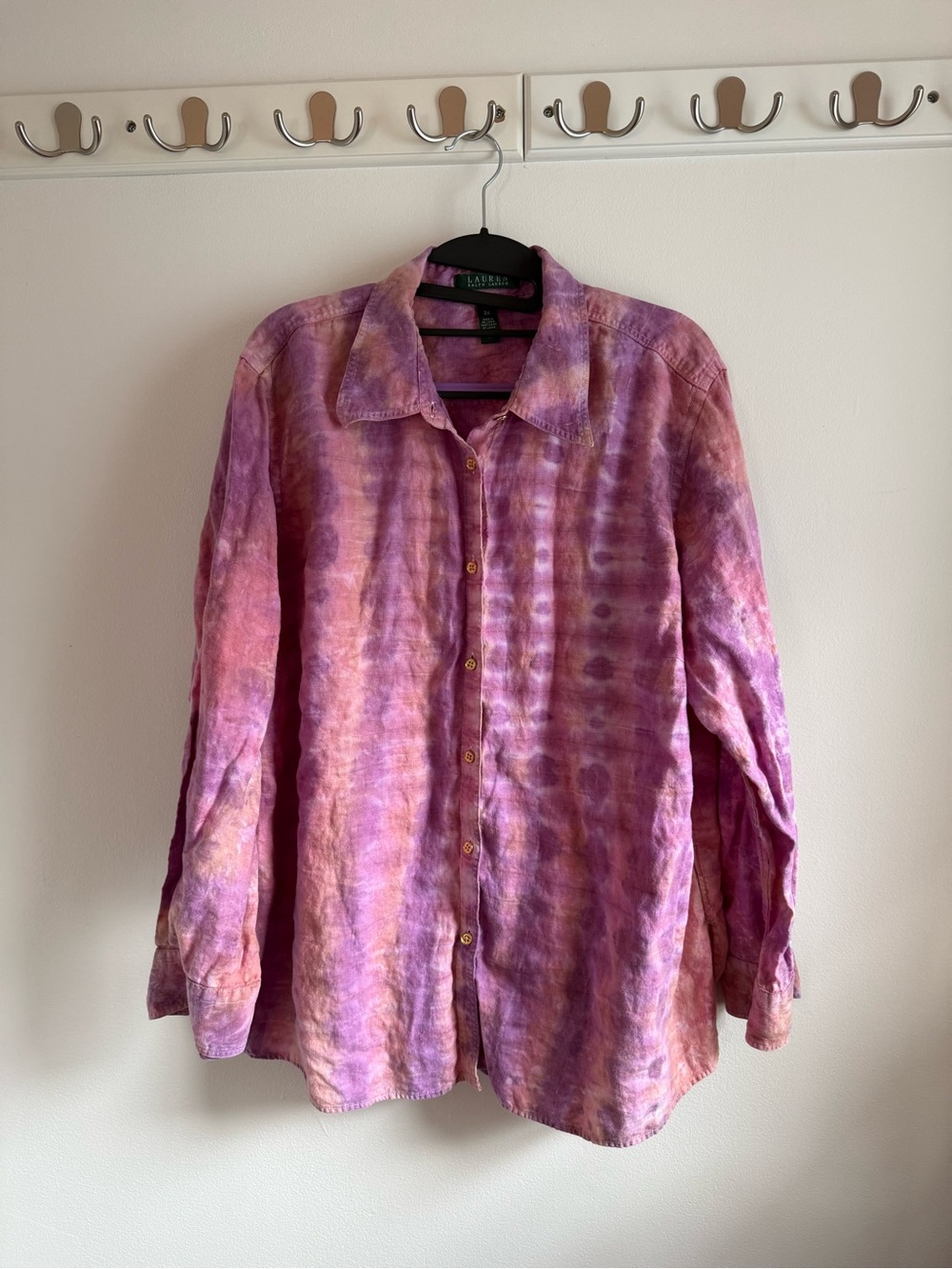 Lauren Ralph Lauren Pink & Purple Tie-Dye 100% Linen Button-Up Shirt